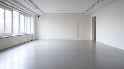 Fototapeta premium An empty white gallery room with a large canvas on the wall, perfect for showcasing art. The room has a minimalist design with a bright white color scheme, creating a clean and modern space for art di