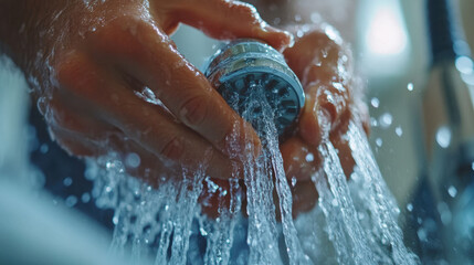 Fototapeta premium Water Rights and Usage. A close-up of hands turning a faucet, with water splashing out, illustrating the flow and power of water in a domestic setting.