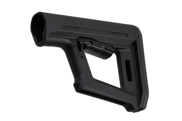 Black adjustable rifle stock, commonly used in firearms for stability and comfort, featuring a textured buttplate and a lever for length adjustment. Isolate on white back