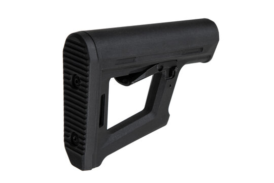 Black adjustable rifle stock, commonly used in firearms for stability and comfort, featuring a textured buttplate and a lever for length adjustment. Isolate on white back