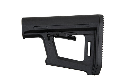Black adjustable rifle stock, commonly used in firearms for stability and comfort, featuring a textured buttplate and a lever for length adjustment. Isolate on white back