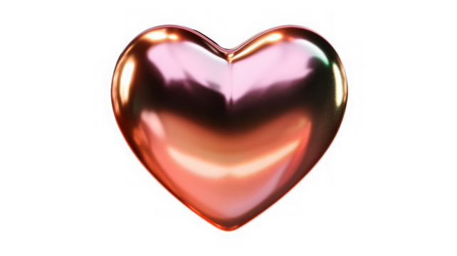 Glass transparent isolated heart. Realistic soap bubble in the shape of a heart, glare, light and sparkles. Glossy holographic chrome futuristic decoration element.