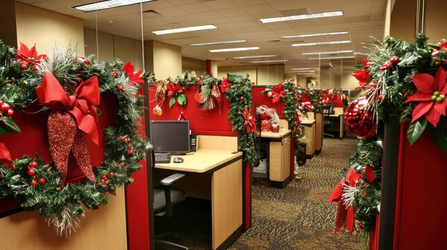 Festive office cubicles decorated in a Christmas theme