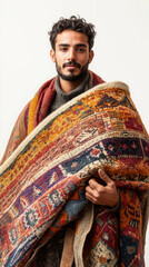 Fototapeta premium Portrait of artisan holding vibrant handmade textile for cultural appreciation and design inspiration