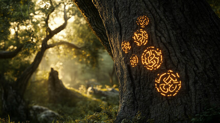 Close-up of an enchanted Slavic forest with light filtering through thick trees and mysterious, glowing symbols carved into the bark