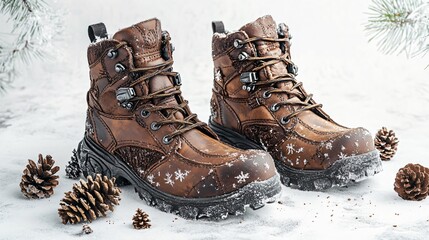 Lace-up winter boots with rugged soles on a plain background, decorated with tiny pinecones and a frosty look