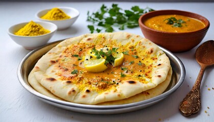 Freshly Baked Butter Garlic Naan, Lightly Brushed with Ghee and Served with a Side of Spicy Indian Curry on a Clean White Background, Ready to Enjoy