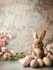 Obraz premium Easter bunny sitting with decorated eggs and pink flowers against a rustic background. Perfect for Easter greeting cards, spring decorations, and seasonal promotions.