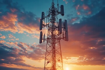 A telecommunications tower against a stunning sunset in a vibrant evening sky