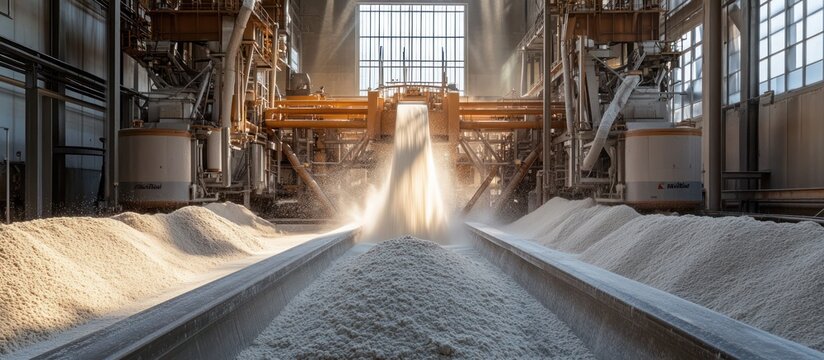 White granules of sugar being processed on conveyor belts in a factory.