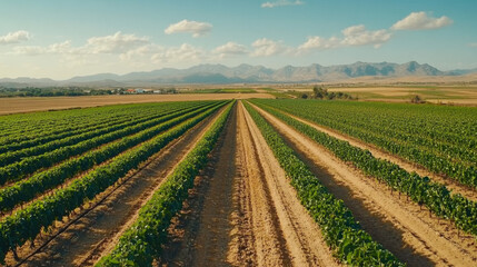 Water Rights and Usage. A scenic view of lush green fields stretching across a landscape, with mountains in the background under a clear blue sky.