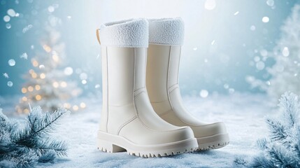 Tall, insulated boots in cream, placed against an icy background with hints of frost and light snow decor