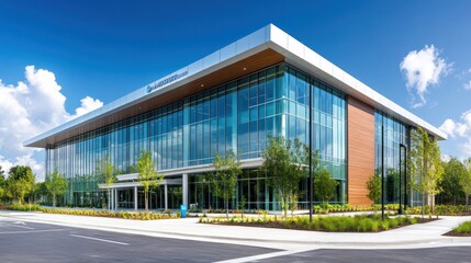 Obraz premium Modern glass and wood office building with blue sky and clouds.