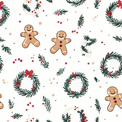 Naklejka premium Seamless vector of Christmas wreaths and gingerbread