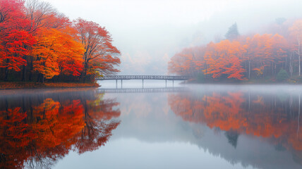 Fototapeta premium 紅葉が映る湖と静寂な秋の風景