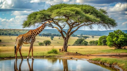 Obraz premium a-tall-tree-laying-next-to-a-waterpoint-at-sunset