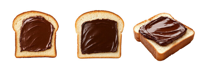 Obraz premium A collection of three bread slices with chocolate spread, isolated on a transparent background, ideal for breakfast themes