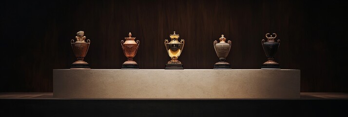 Four prestigious trophies, a symbol of achievement, success, and excellence, are displayed on a minimalist platform, showcasing their elegance and significance.