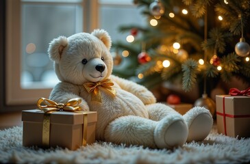 Big white teddy bear with golden bow lying near stack present boxes under Christmas tree. Festive season