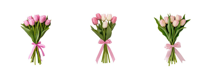 A collection of pink tulip bouquets tied with ribbons, isolated on a transparent background, ideal for Mother's Day celebrations