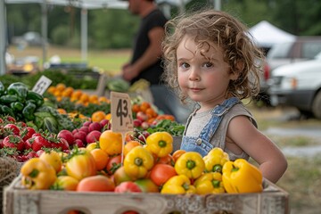 A cheerful young girl with curly hair stands beside a colorful display of fresh vegetables and fruits at a farmer market. The warm sunlight enhances the vibrant colors of the produce around her