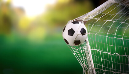 soccer ball in goal with green backgroung