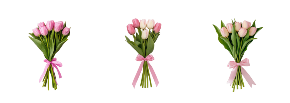 A collection of pink tulip bouquets tied with ribbons, isolated on a transparent background, ideal for Mother's Day celebrations