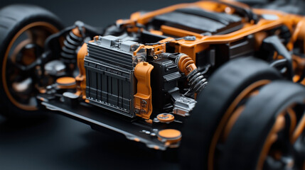 Fototapeta premium Close-up view of a detailed mechanical car engine model with visible orange and black components, including springs and pistons, on a dark background.