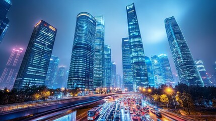 Fototapeta premium Illuminated skyscrapers and nighttime traffic in a modern city, showcasing urban development, technology, and bustling activity.
