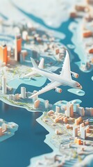 Cartoon illustration of a plane flying over a world map with cities, against a blue sky background