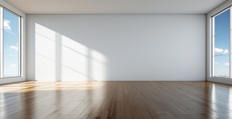 Obraz premium Bright, empty room with large windows overlooking the sky, sunlight streaming onto a polished wooden floor, creating a modern and open atmosphere with a minimalist design.