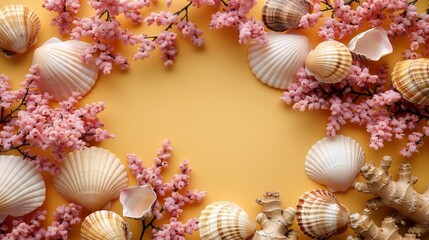 creative summer photobackground with empty space for text in center, vibrant flat lay of seashells and pink coral on a yellow background, perfect for summer-themed designs or beach-inspired projects.