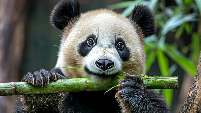 A close-up of a panda munching on bamboo, showcasing its playful and curious nature.