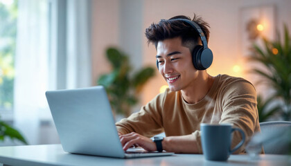 Young man with headphones, smiling and focused, working on a laptop in a cozy, warmly lit room with soft bokeh lights in the background.