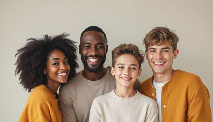 Group of diverse young adults smiling, standing together against a neutral background, showing friendship and unity.