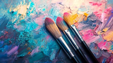 Fototapeta premium Three paintbrushes on a vibrant, textured paint palette