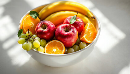 Close-up of a bowl filled with fresh fruits, including apples, oranges, bananas, and grapes, illuminated by soft natural light.