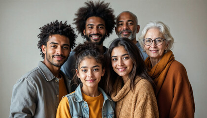 Smiling multigenerational family posing together, radiating warmth and love, representing family bonds and generational connection.