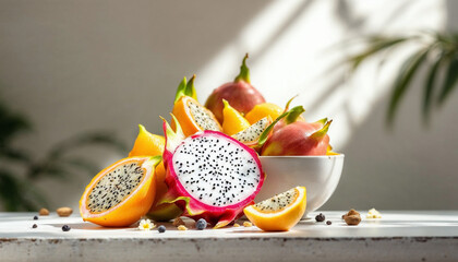Colorful exotic fruit bowl with dragon fruit, pitaya, and various tropical fruits arranged beautifully in soft natural light.