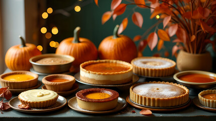 A Stunning Thanksgiving Dessert Display with Pies, Tarts, and Fairy Lights Creating a Festive Atmosphere