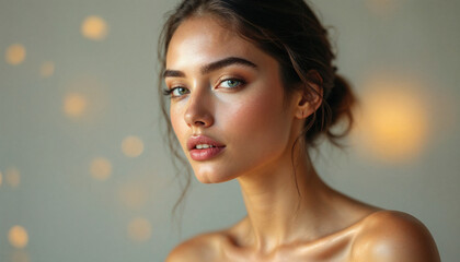 Elegant young woman with soft features, illuminated by subtle bokeh lights, creating a dreamy and graceful portrait.