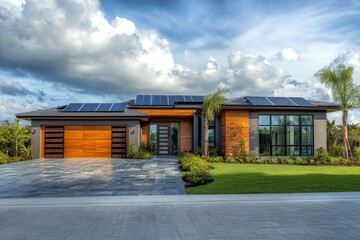 Obraz premium Modern house with solar panels and a cloudy sky, showcasing sustainable living and contemporary design. Features a spacious driveway, lush landscaping, and a sleek, minimalist facade.
