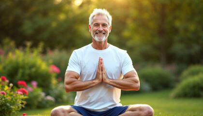Happy senior man practicing yoga outdoors, seated in a peaceful garden setting with warm sunlight, embodying vitality and wellness.