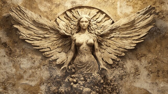 depiction Lilith first woman created dust emerges majestic wings embodying strength and defiance rich textured environment.