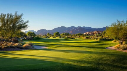 Obraz premium Scenic golf course with vibrant green grass, a blue sky, and mountain backdrop. Enjoy a peaceful round of golf in a picturesque setting.