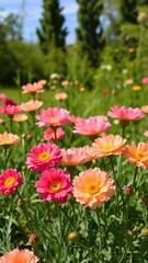 Fototapeta premium Vibrant pink and peach ranunculus flowers blooming in a field under the sunshine, flowers, flora