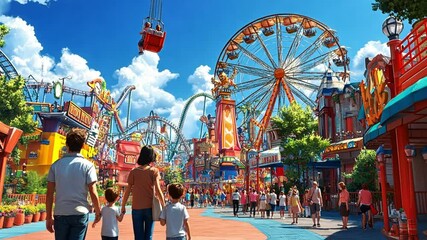 A vibrant amusement park scene with families enjoying rides and attractions under a blue sky.