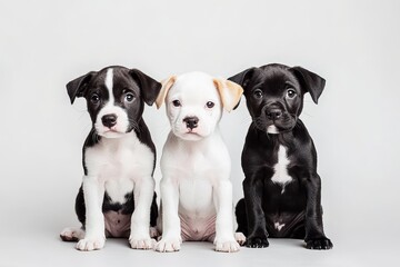 Obraz premium Three adorable puppies of different colors sit together, looking at the camera with big, innocent eyes. This heartwarming image captures the joy and playfulness of puppies, perfect for showcasing the 