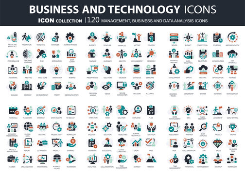 Business, data analysis, organization management and technology icon set. Teamwork, strategy, planning, marketing, cloud technology, data analysis, employee icon set. Icons vector collection