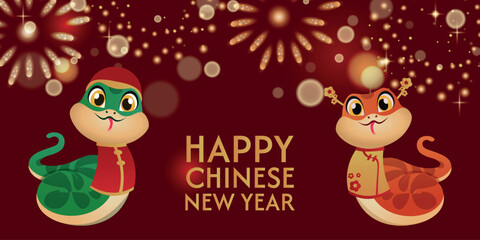 Chinese New Year 2025 is the year of the Snake, the zodiac sign of the Snake. The concept of a traditional holiday card, banner, poster, decorative element fireworks. Asian style design.